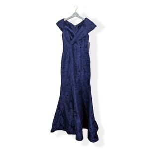 NWT Aidan Mattox Navy Portrait Collar Jacquard Trumpet Gown Size 4